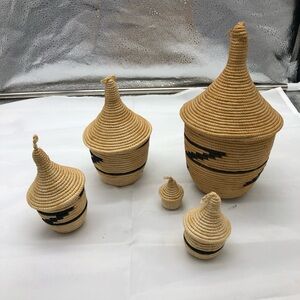 Ethnic Handwoven Tan and Black Basket Set (5)